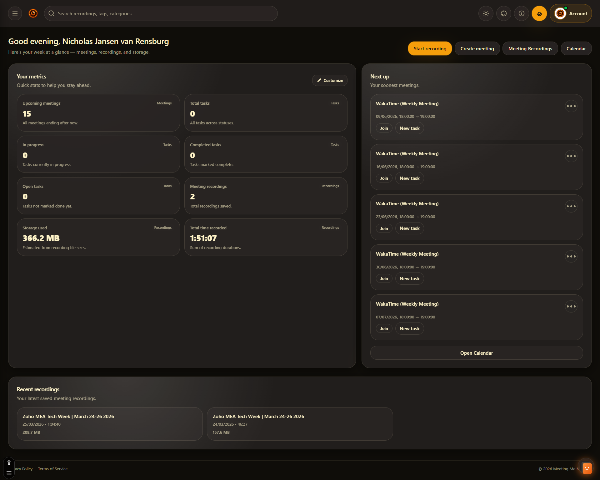 Home dashboard with meetings, tasks, and recordings