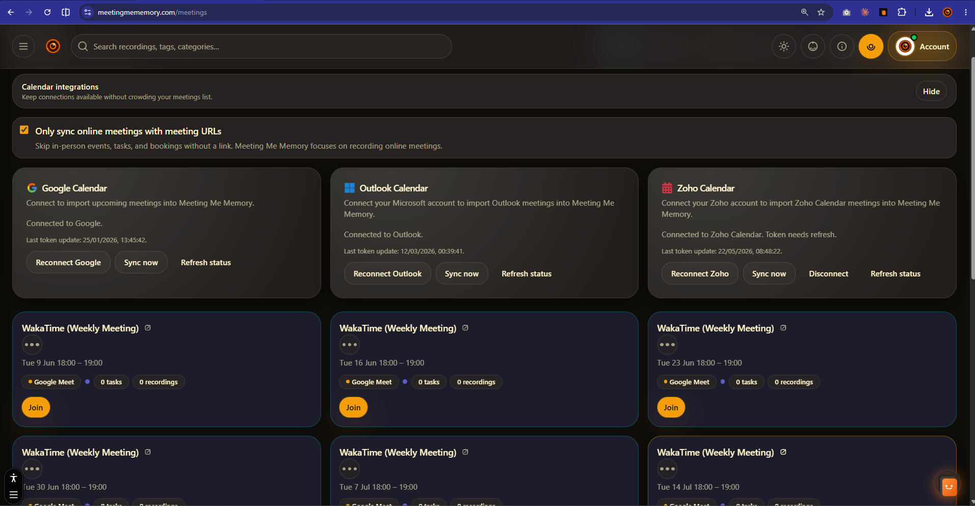 Meetings list and calendar integrations settings