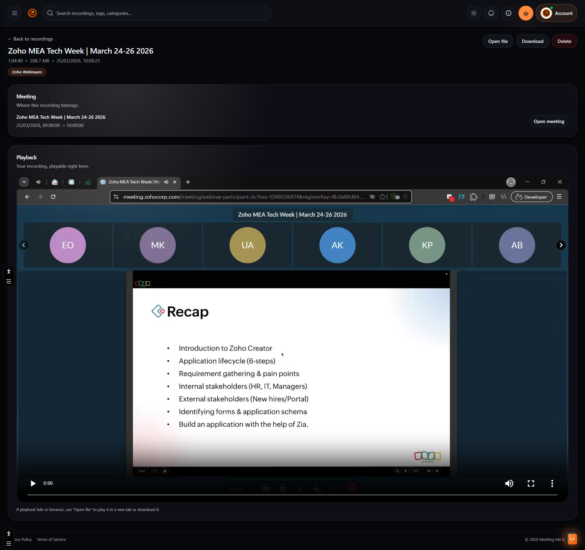 Single meeting detail with linked recording
