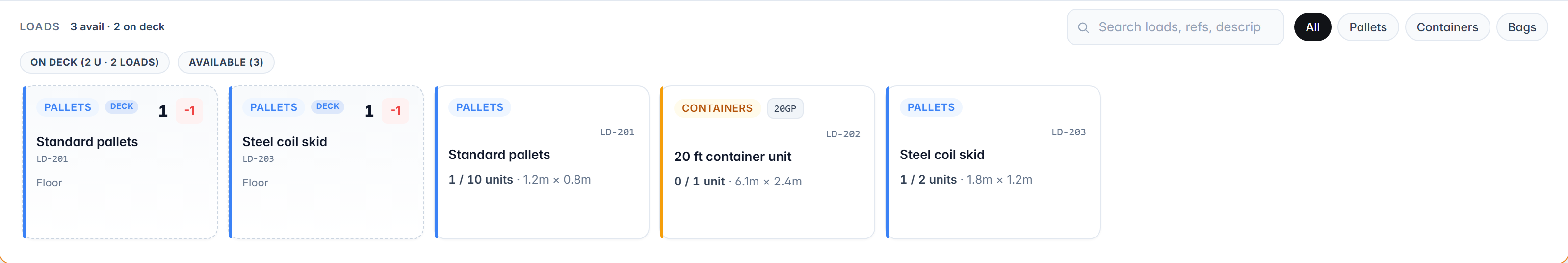 Cargo catalogue strip with consignment cards