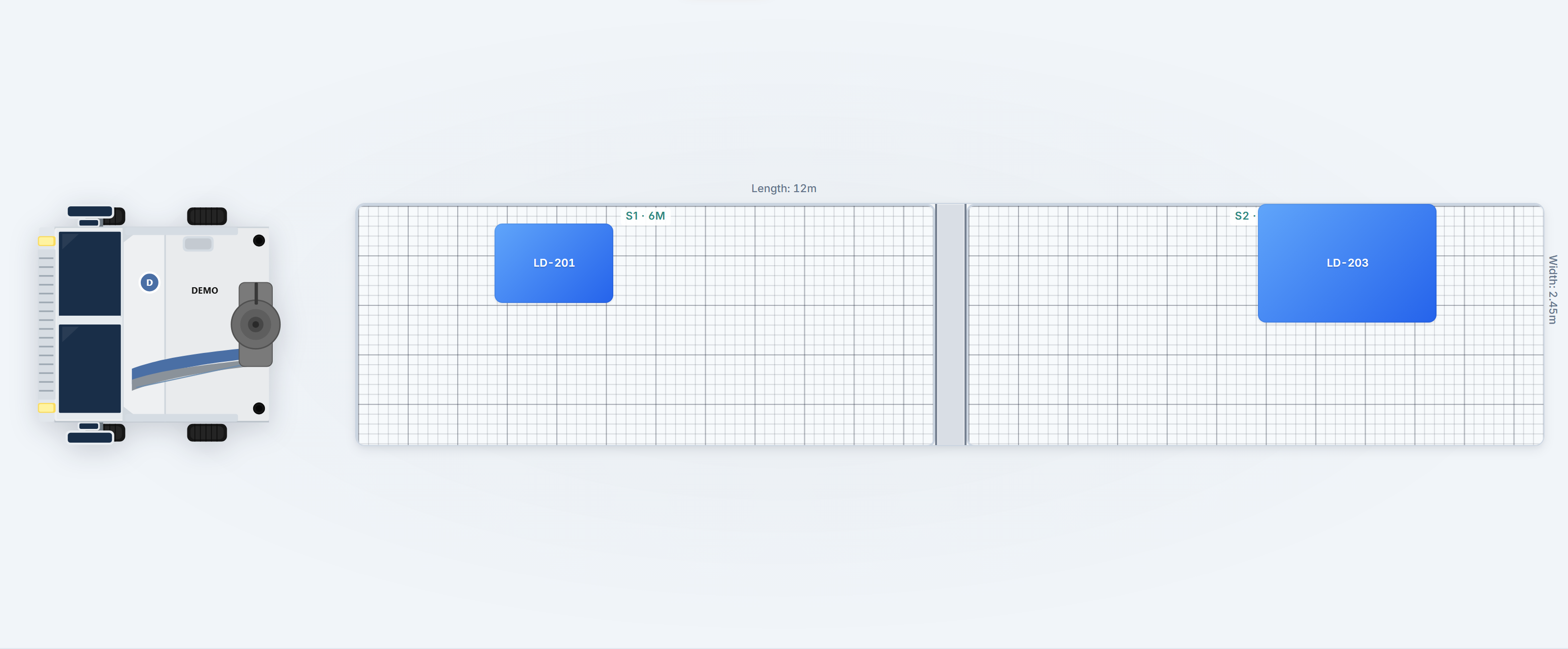 2D top-down deck with snap grid and placed loads