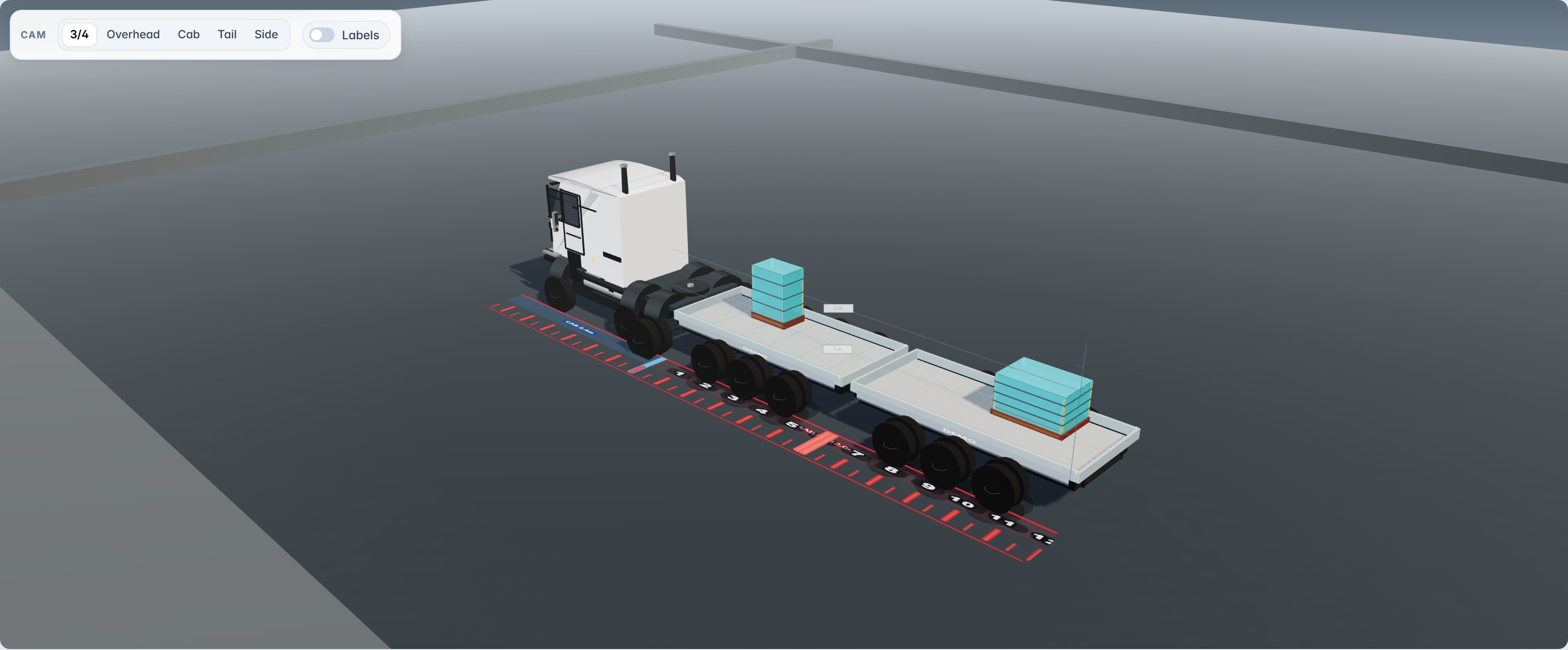 Three.js truck trailer 3D scene with placed cargo